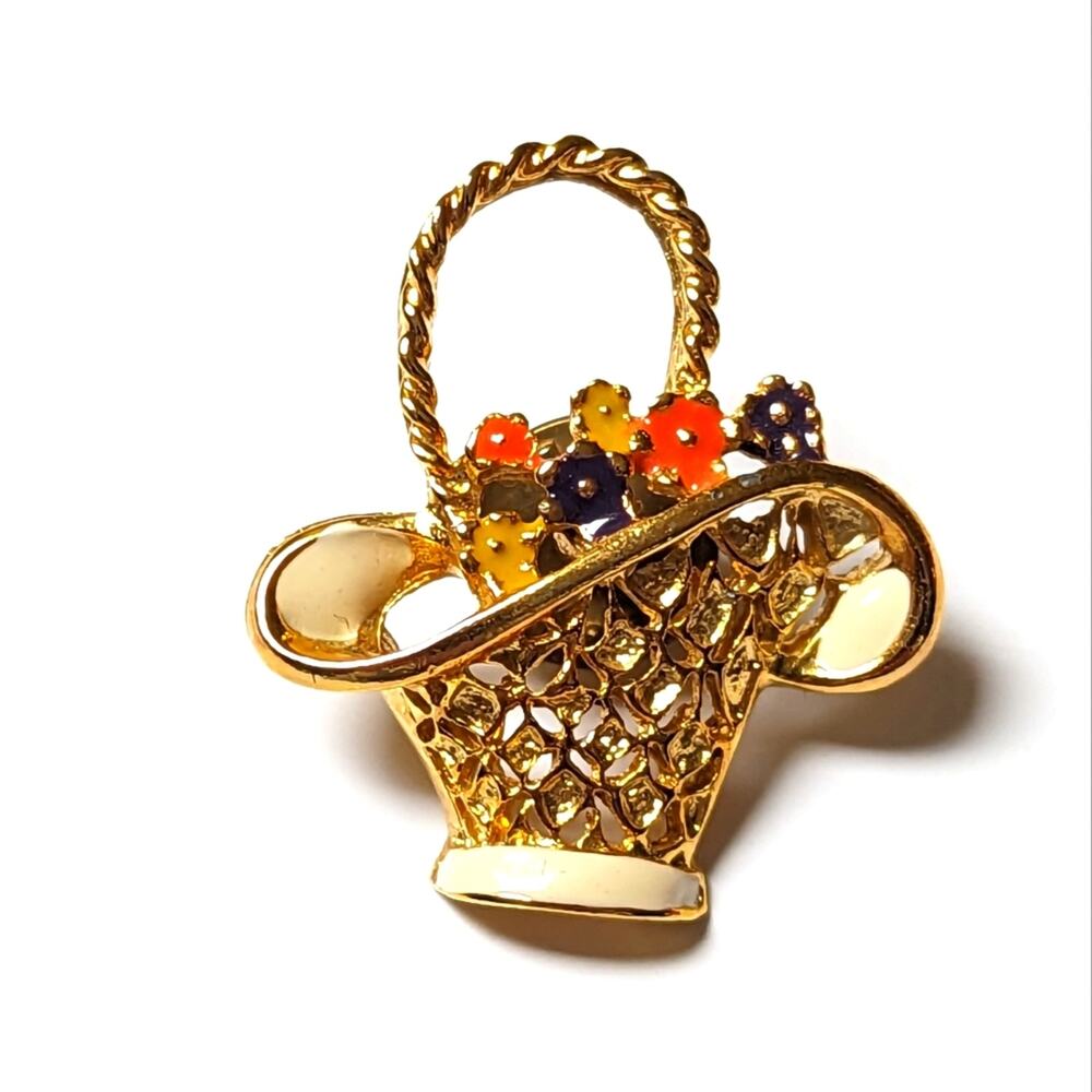 Vintage Gold Tone Enameled Multi Color Flower Basket Gardening Lapel Pin Brooch